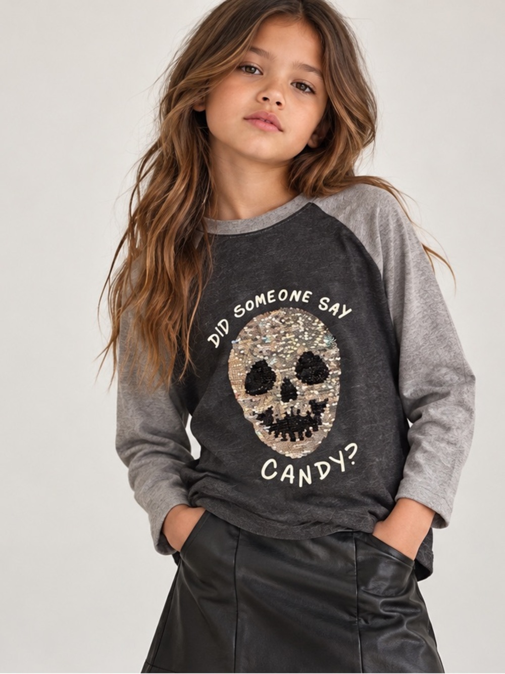 Cat & Jack Flip Sequin Skull Halloween Shirt Girls 6/7
